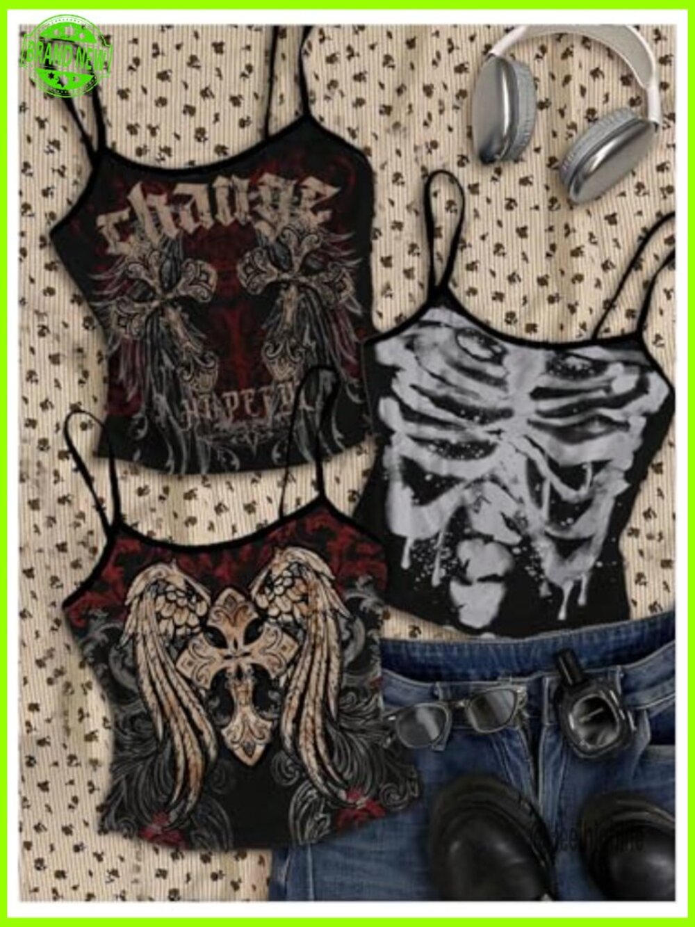 3 Pack Grunge Goth Crop Camisole Tanks Punk Y2k Sleeveless Fitted Tops - Picture 5 of 5